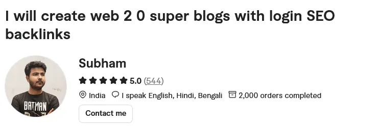 Fiverr gig page for Subham&rsquo;s Web 2.0 super blogs gig, showing a 5.0 rating from 544 reviews and 2,000 orders completed