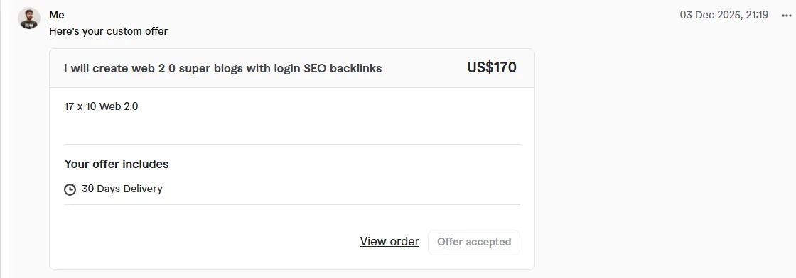 Fiverr custom offer from December 3, 2025 for 17 sets of 10 Web 2.0 blogs at US$170 with 30 days delivery, marked offer accepted