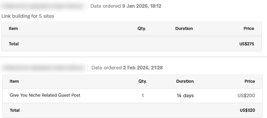 Two Fiverr orders from the same buyer: link building for 5 sites on January 9, 2026 for US$275, then an order including a niche related guest post on February 2, 2026 for US$320